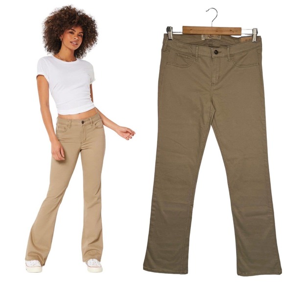 New Hollister Jeans Womens 9R Boot Cut Mid Rise Embroidered Pants Khaki - Picture 1 of 16